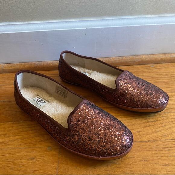 UGG Australia | Alloway Glitter Flats Loafers Slip-on Chocolate Red Size 6.5 - Picture 2 of 10